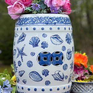 Contemporary Chinoiserie Blue & White Nautical Seascapes Garden Stool